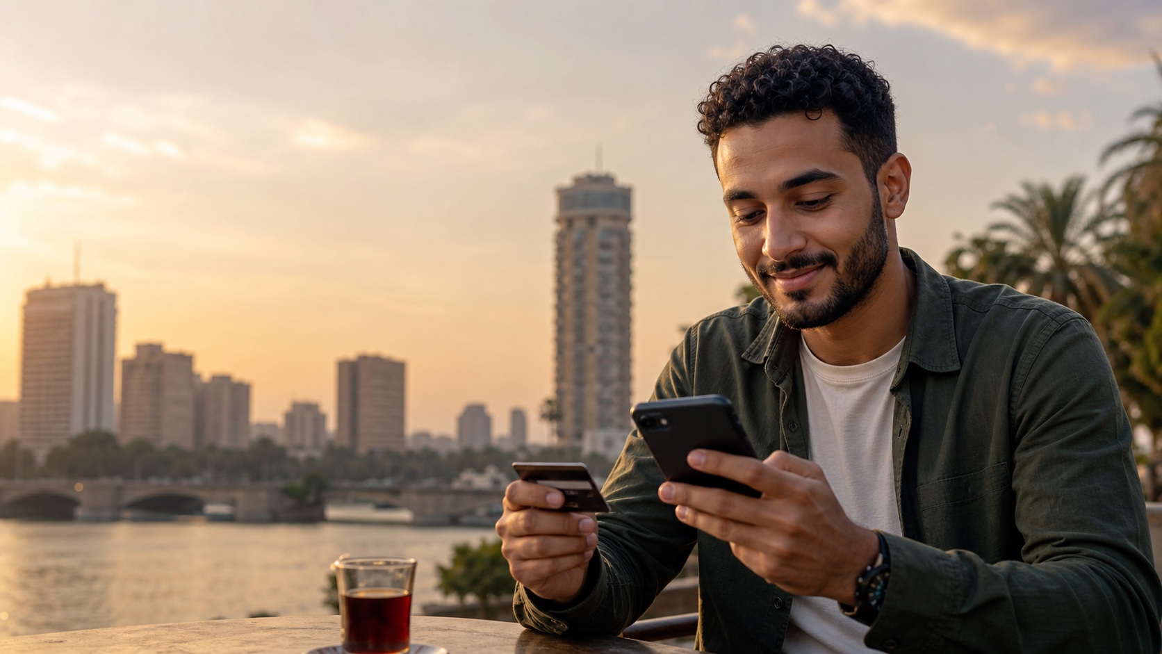 شاب مصري يستخدم RedotPay على الهاتف بجوار النيل في القاهرة في الصفحة الرئيسية